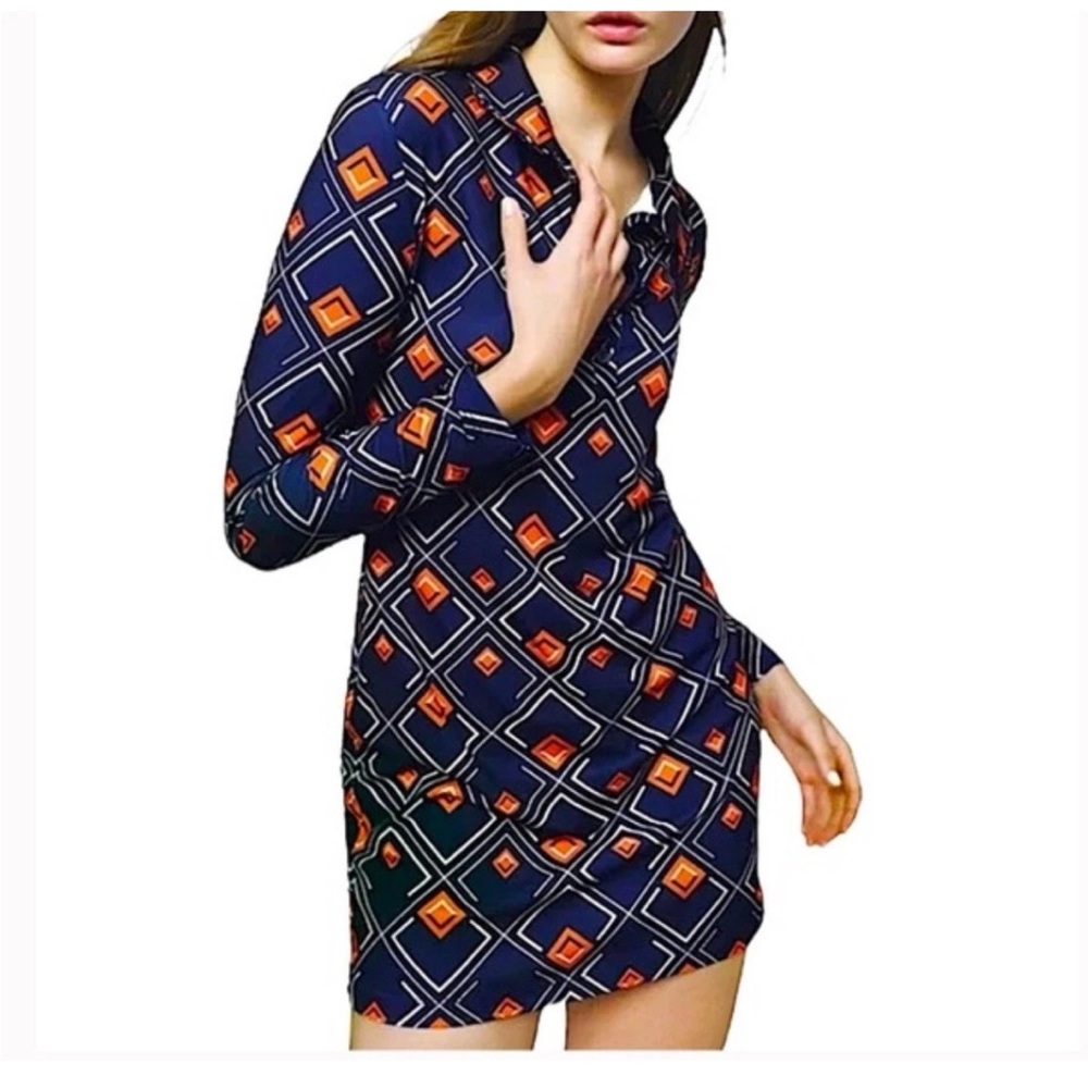 Zara Navy and Orange Geometric Long Sleeve Dress